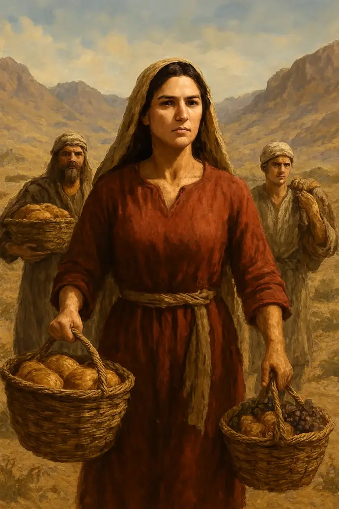 Ilustración de Abigail, mujer sabia que vence la ira con humildad y discernimiento según la Biblia.