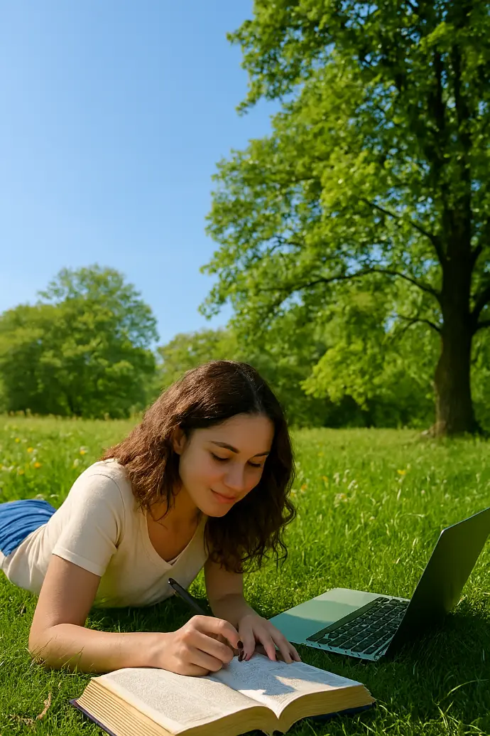 Mujer cristiana estudiando la Biblia y tomando notas bajo un árbol, símbolo de reflexión espiritual y armonía entre fe y ciencia